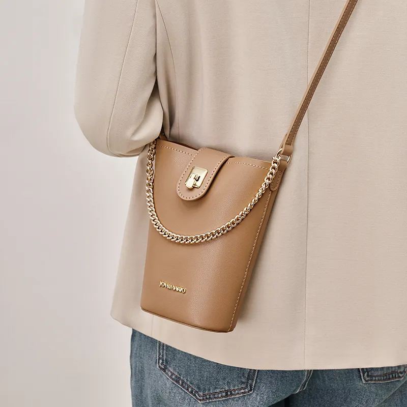 Joy&Mario Cow Leather Cell Phone Pouch, Bucket Bag, Shoulder Bag Small Size Women's Ecru/Milk Brown/Classic Black-7