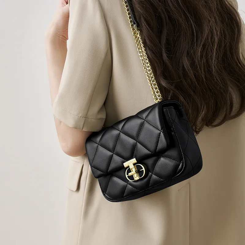 Joy&Mario Cow Leather Diamond Pattern Small Square Bag Shoulder Bag Shoulder Bag Regular Women's Classic Black/Ecru-2