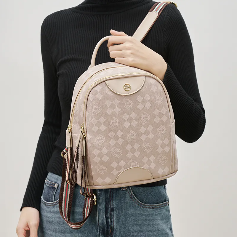 Joy&Mario PVC Vintage Textured Print Commute Large Size Women's Cream Apricot/Coffee-2