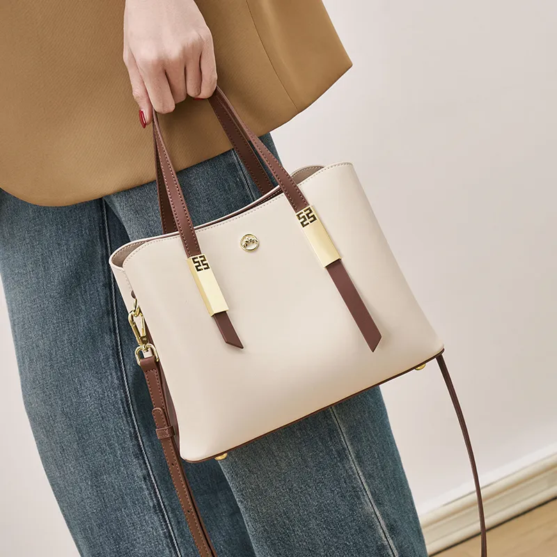 Joy&Mario Cow Leather Crossbody Handbags Large Size Women's White & Coffee/Classic Black-2