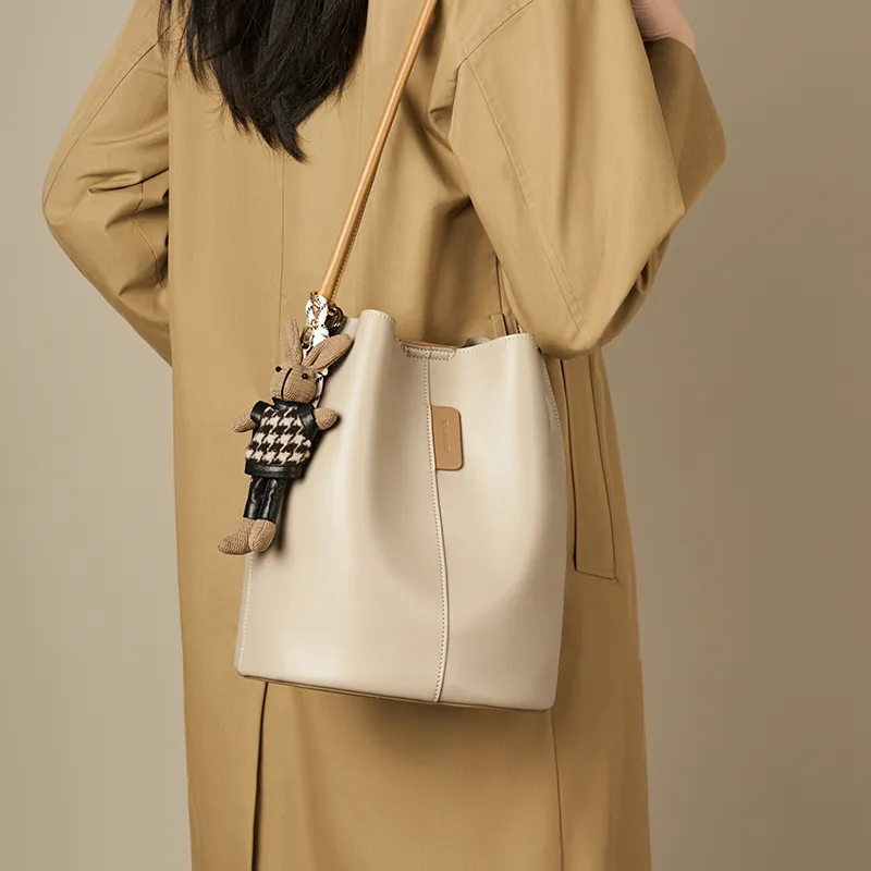 Joy&Mario Synthetic Leather Bucket Bag, Shoulder Bag Women's Ecru & Brown/Cream Apricot & Coffee-1