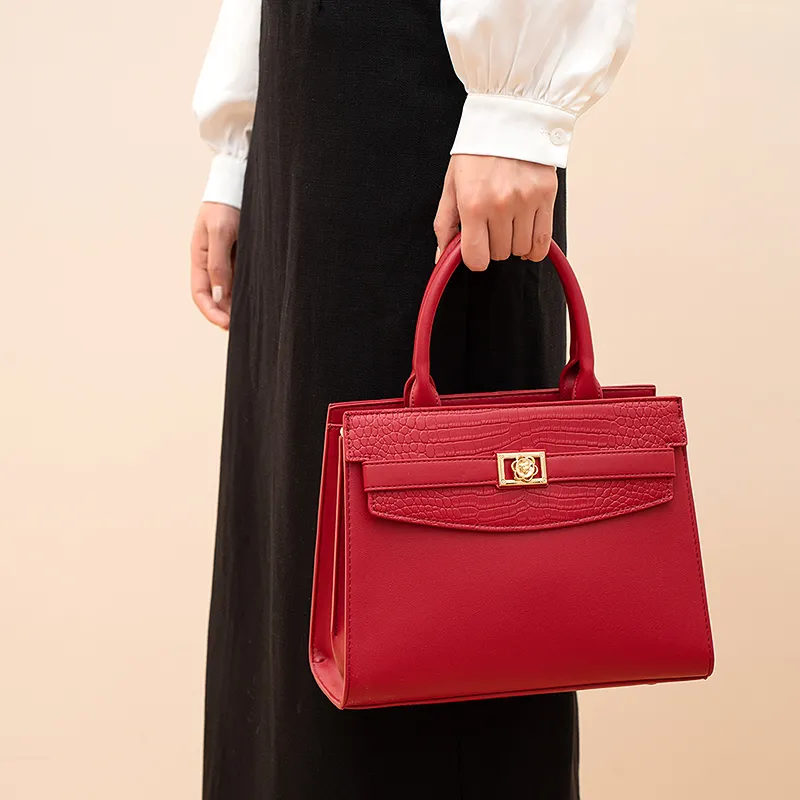 Vigno Synthetic Leather Handbag Medium Size Women's Red-6
