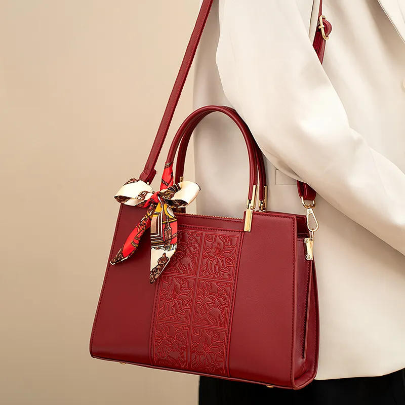 Vigno Synthetic Leather Mom's Handbag Shoulder Bag Crossbody Bag Medium Size Women's Red/Apricot-6