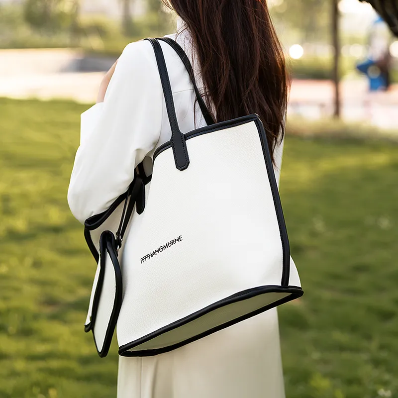 Vigno Canvas Canvas Bag Handbag Shoulder Bag Large Size Women's White & Black White & Apricot-6
