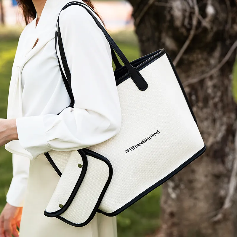 Vigno Canvas Canvas Bag Handbag Shoulder Bag Large Size Women's White & Black White & Apricot-8