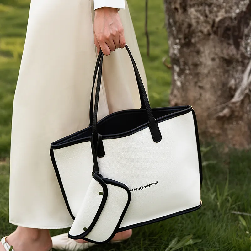 Vigno Canvas Canvas Bag Handbag Shoulder Bag Large Size Women's White & Black White & Apricot-7