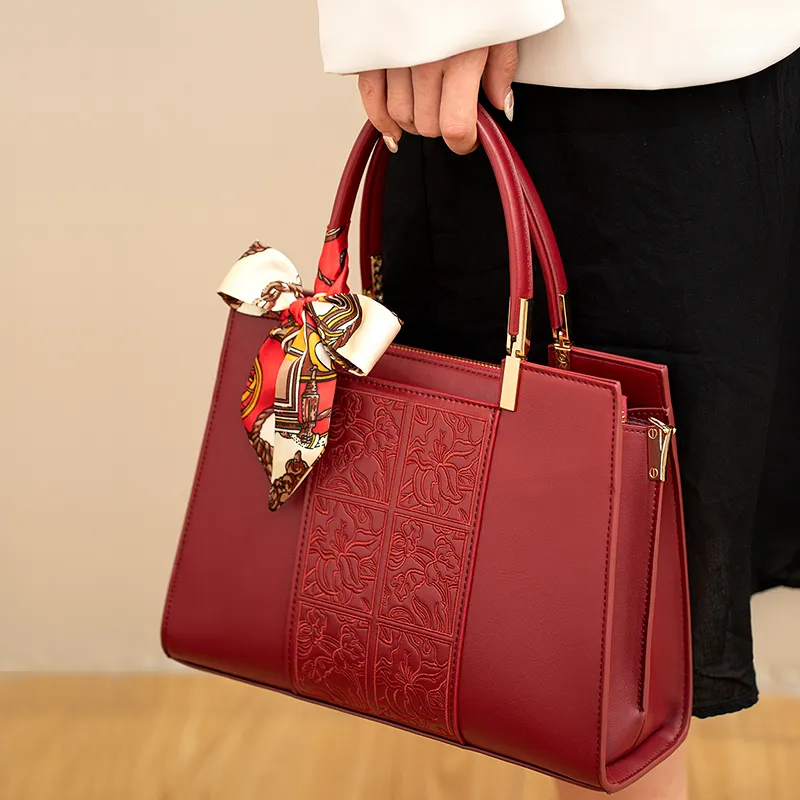 Vigno Synthetic Leather Mom's Handbag Shoulder Bag Crossbody Bag Medium Size Women's Red/Apricot-8