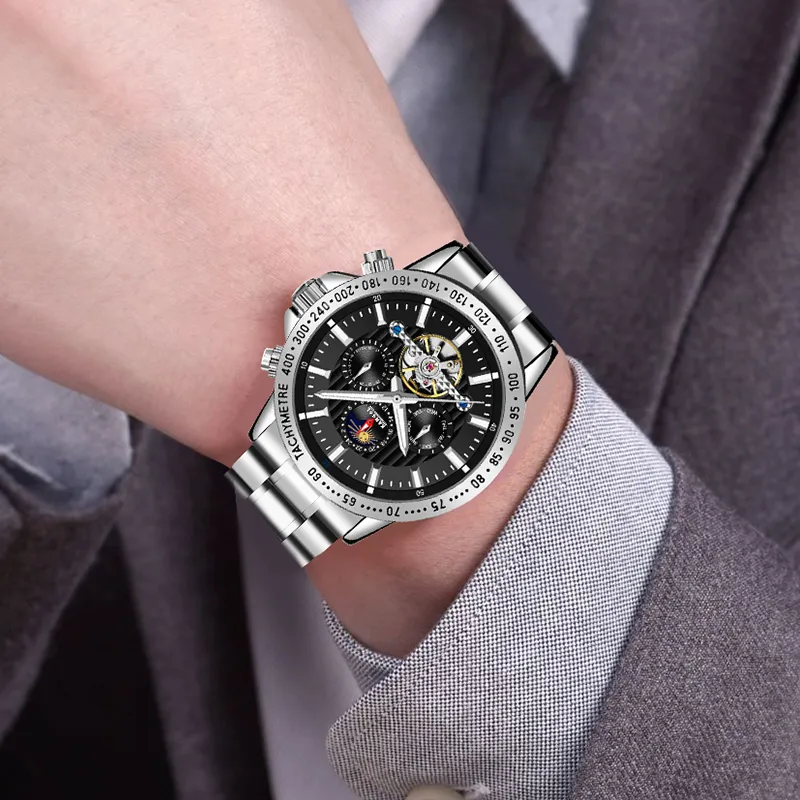 KANGOL Interstellar Series Automatic Mechanical Movement Stainless Steel Strap Watch Men's Watches Black Dial-4