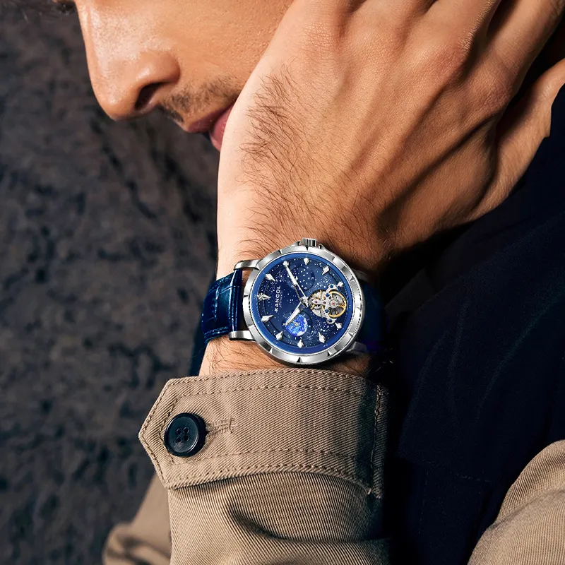 KANGOL Automatic Mechanical Movement Genuine Leather Strap Watch Men's Watches Black Dial-16
