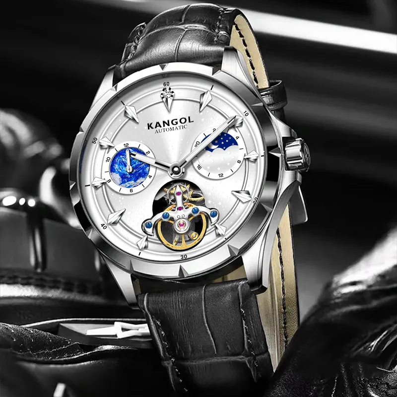KANGOL Sea Of Stars Automatic Mechanical Movement Genuine Leather Strap Watch Men's Watches Cut Out Dial-55