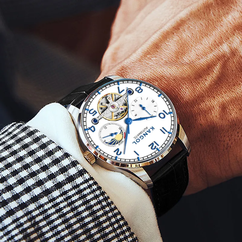 KANGOL Mechanical Movement Soft Breathable Leather Strap Watch Men's Watches White Dial-1