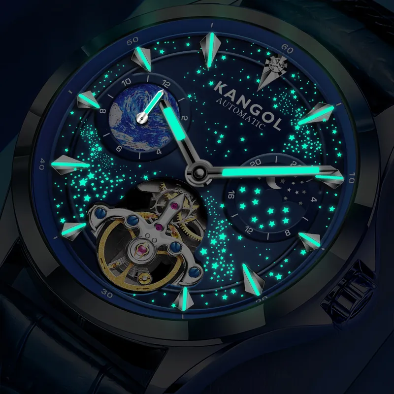 KANGOL Sea Of Stars Automatic Mechanical Movement Genuine Leather Strap Watch Men's Watches Cut Out Dial-4