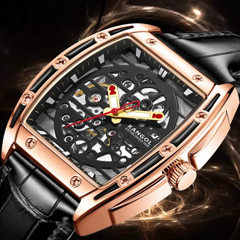 KANGOL Automatic Mechanical Movement Genuine Leather Strap Watch Men's Watches Cut-Out Dial-14