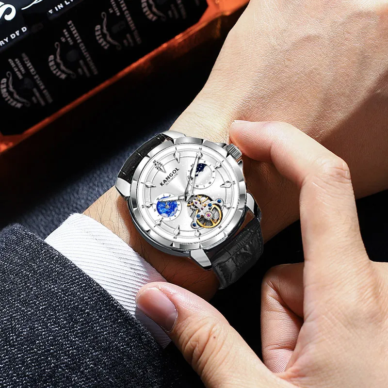 KANGOL Automatic Mechanical Movement Genuine Leather Strap Watch Men's Watches Black Dial-9