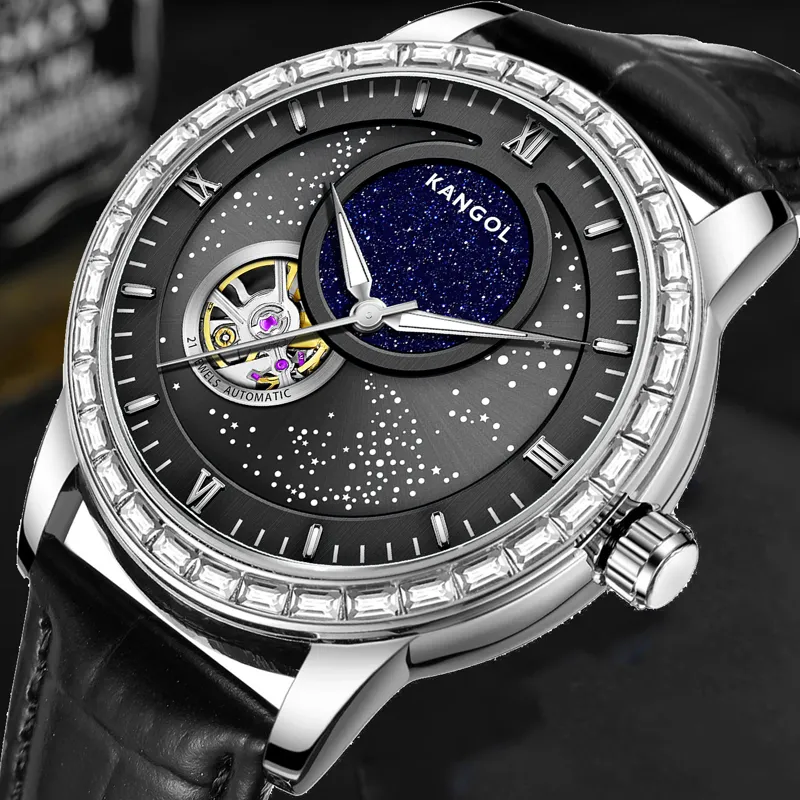 KANGOL Sea Of Stars Mechanical Movement Leather Strap Watch Men's Watches Black Dial-16