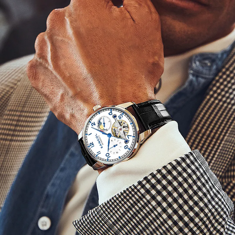 KANGOL Mechanical Movement Soft Breathable Leather Strap Watch Men's Watches White Dial-4