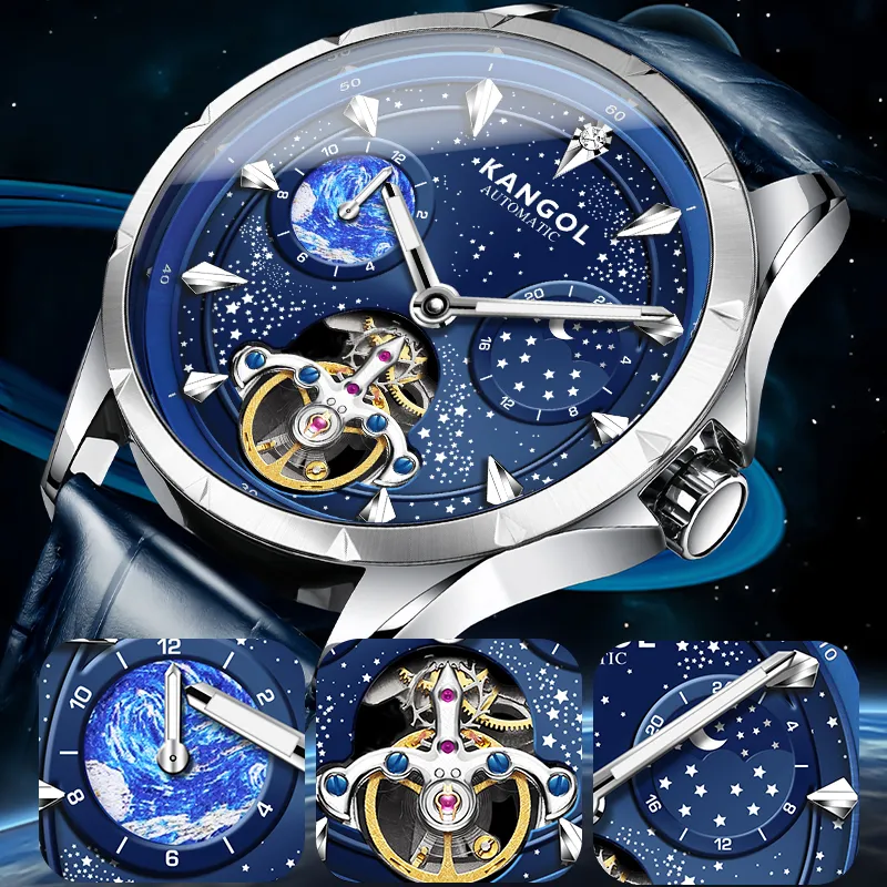 KANGOL Sea Of Stars Automatic Mechanical Movement Genuine Leather Strap Watch Men's Watches Cut Out Dial-10