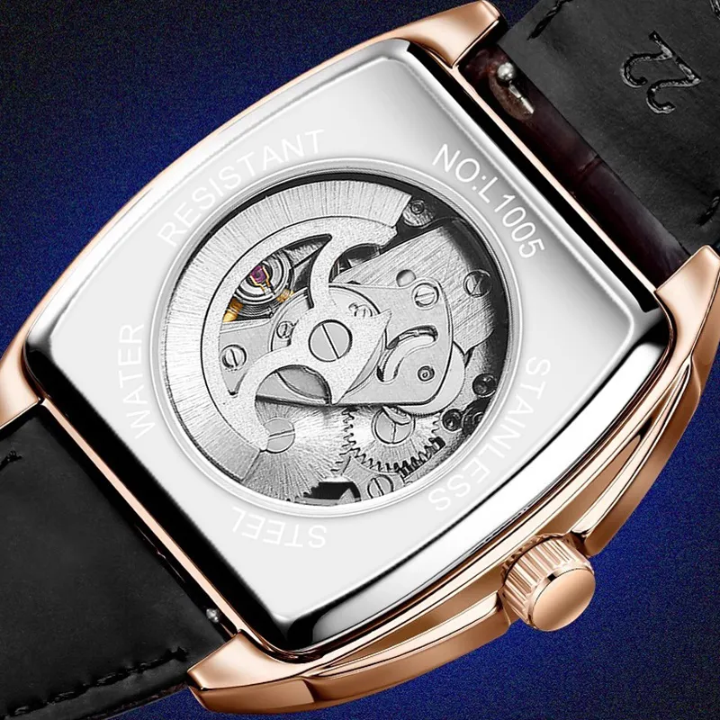 KANGOL Automatic Mechanical Movement Genuine Leather Strap Watch Men's Watches Cut-Out Dial-5