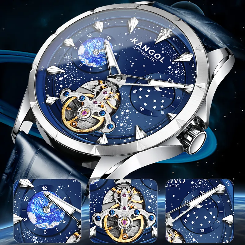 KANGOL Automatic Mechanical Movement Genuine Leather Strap Watch Men's Watches Black Dial-15