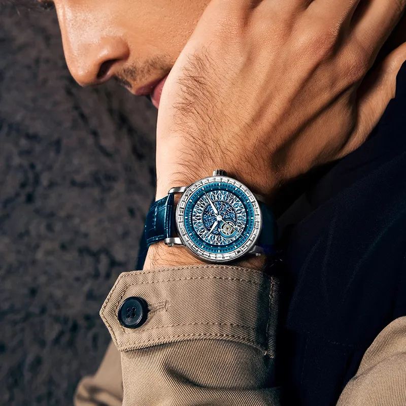 KANGOL Automatic Mechanical Movement Genuine Leather Strap Watch Men's Watches Cut Out Dial-8