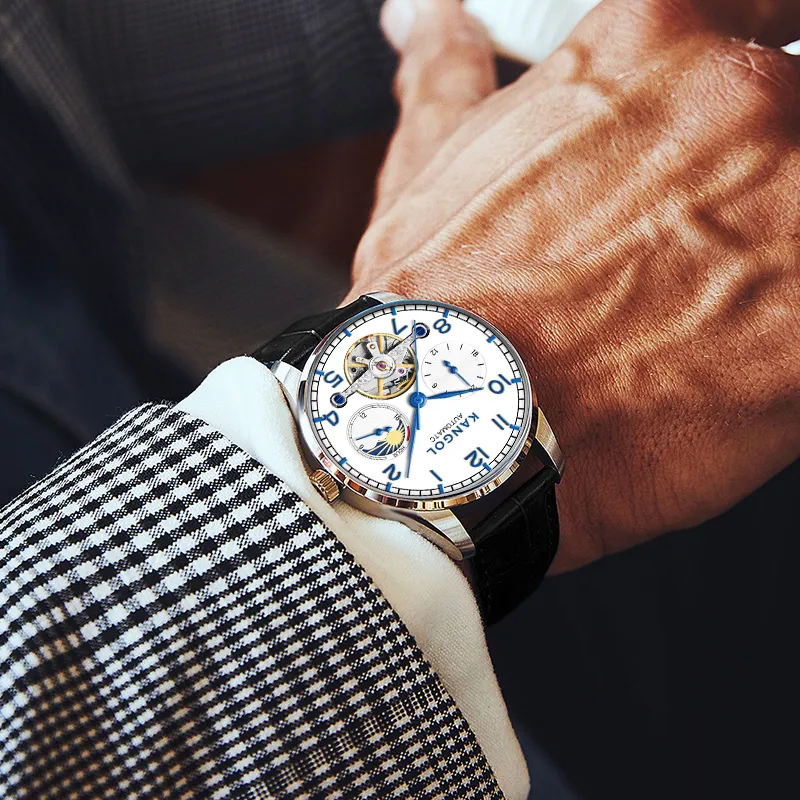 KANGOL Mechanical Movement Soft Breathable Leather Strap Watch Men's Watches White Dial-3