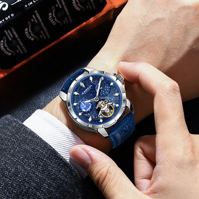 KANGOL Sea Of Stars Automatic Mechanical Movement Genuine Leather Strap Watch Men's Watches Cut Out Dial-14