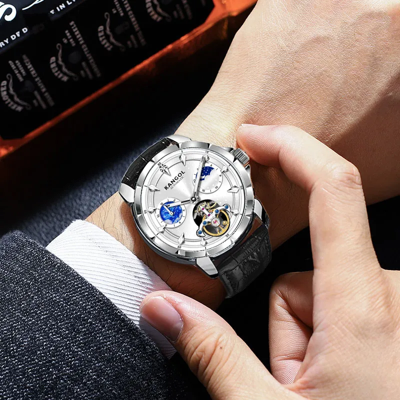 KANGOL Sea Of Stars Automatic Mechanical Movement Genuine Leather Strap Watch Men's Watches Cut Out Dial-58