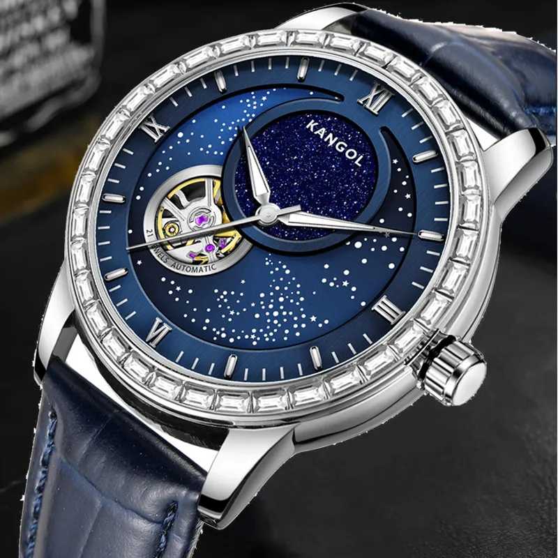 KANGOL Sea Of Stars Mechanical Movement Leather Strap Watch Men's Watches Black Dial-35