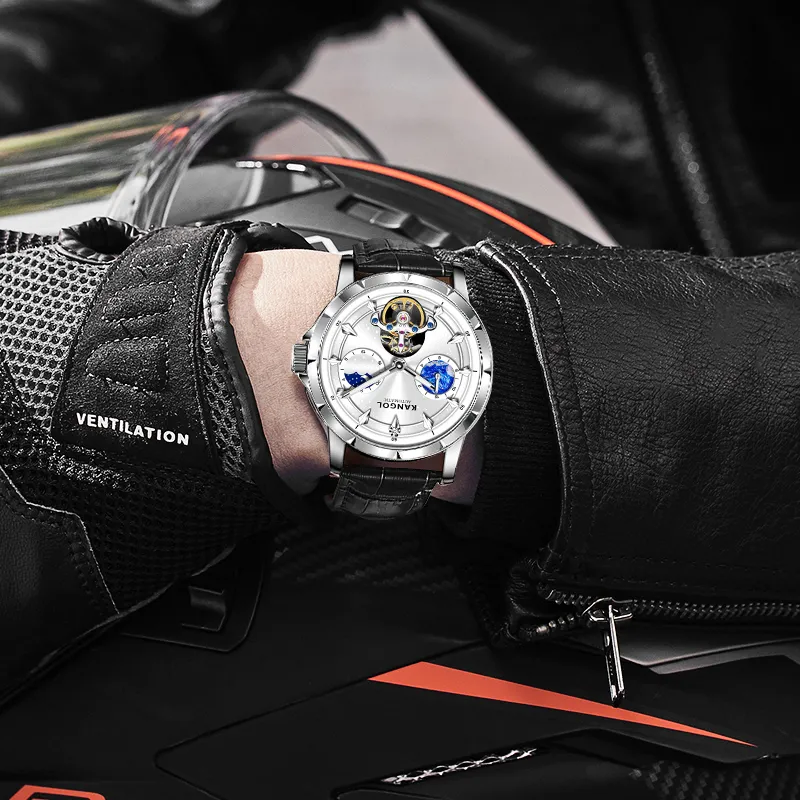 KANGOL Sea Of Stars Automatic Mechanical Movement Genuine Leather Strap Watch Men's Watches Cut Out Dial-39
