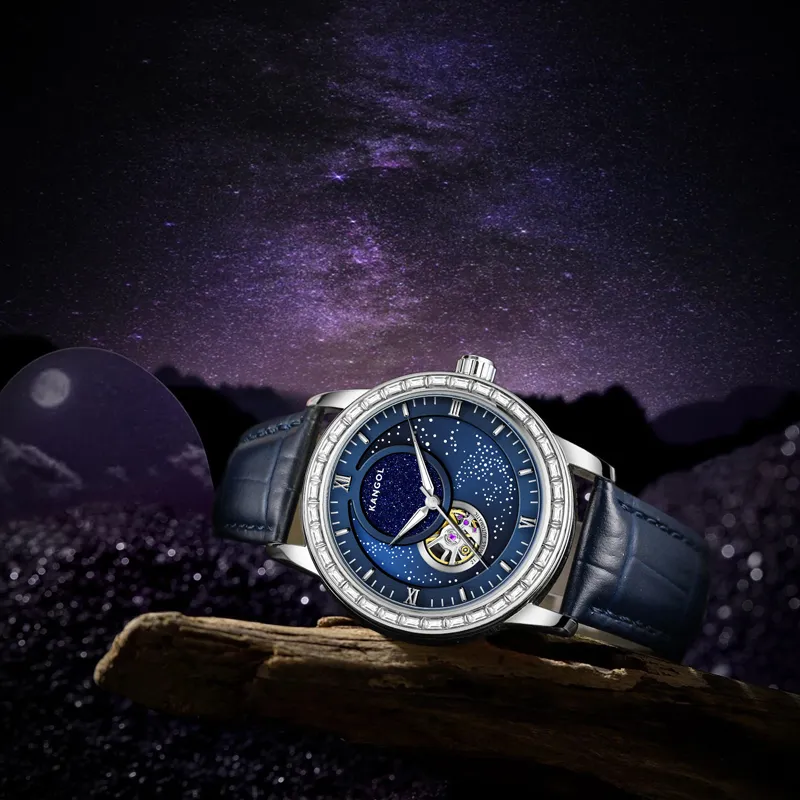 KANGOL Sea Of Stars Mechanical Movement Leather Strap Watch Men's Watches Black Dial-36
