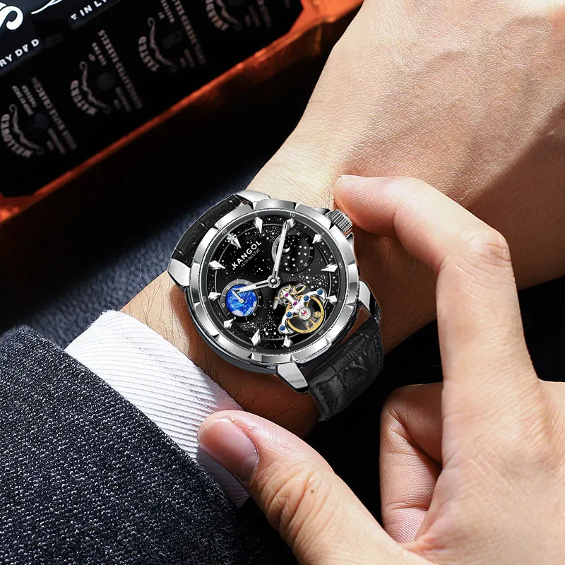 KANGOL Sea Of Stars Automatic Mechanical Movement Genuine Leather Strap Watch Men's Watches Cut Out Dial-6