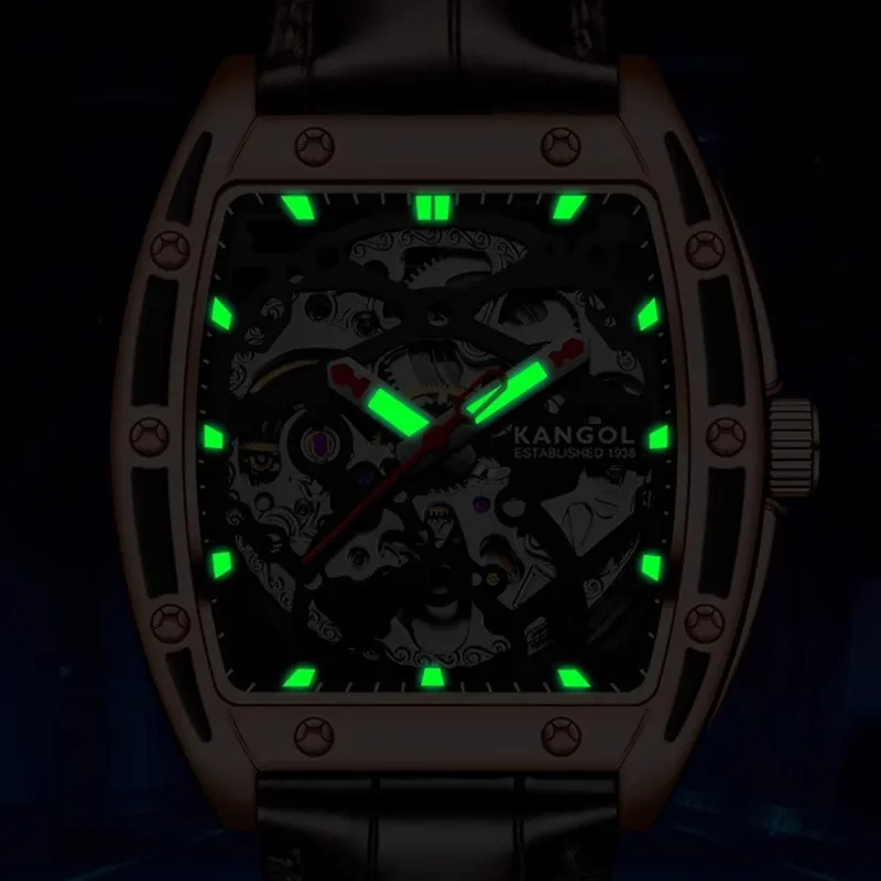KANGOL Automatic Mechanical Movement Genuine Leather Strap Watch Men's Watches Cut-Out Dial-10