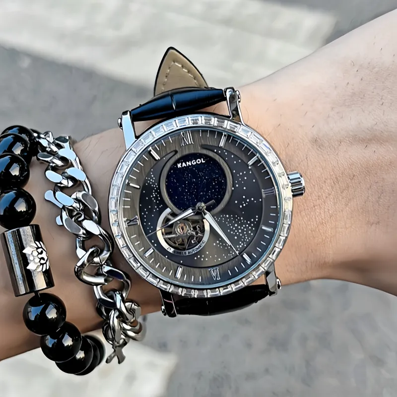 KANGOL Sea Of Stars Mechanical Movement Leather Strap Watch Men's Watches Black Dial-33