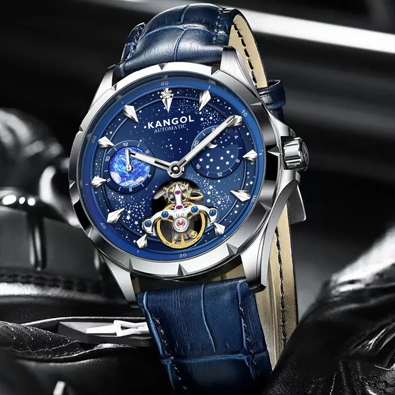 KANGOL Sea Of Stars Automatic Mechanical Movement Genuine Leather Strap Watch Men's Watches Cut Out Dial-9