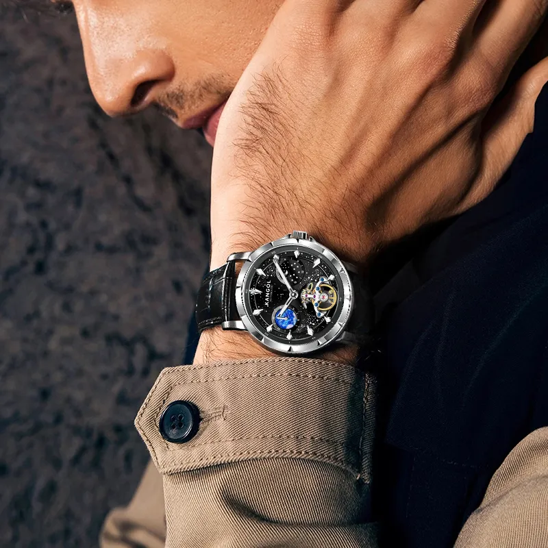 KANGOL Sea Of Stars Automatic Mechanical Movement Genuine Leather Strap Watch Men's Watches Cut Out Dial-26