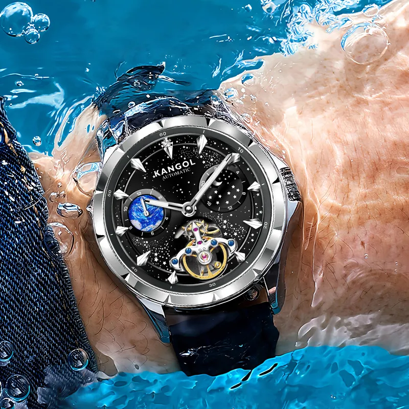 KANGOL Sea Of Stars Automatic Mechanical Movement Genuine Leather Strap Watch Men's Watches Cut Out Dial-3