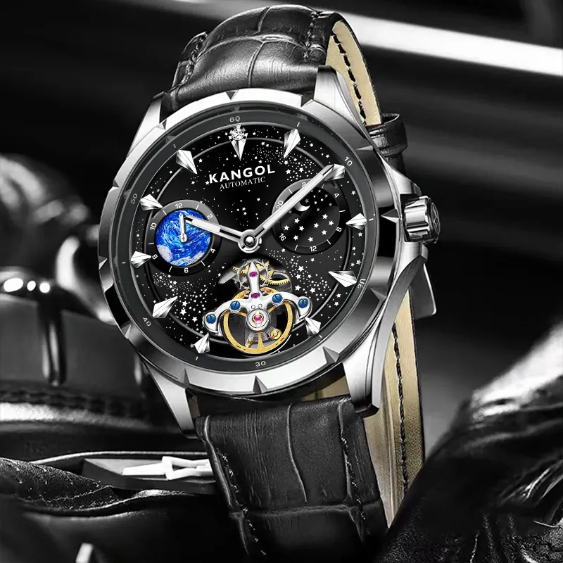 KANGOL Sea Of Stars Automatic Mechanical Movement Genuine Leather Strap Watch Men's Watches Cut Out Dial-23