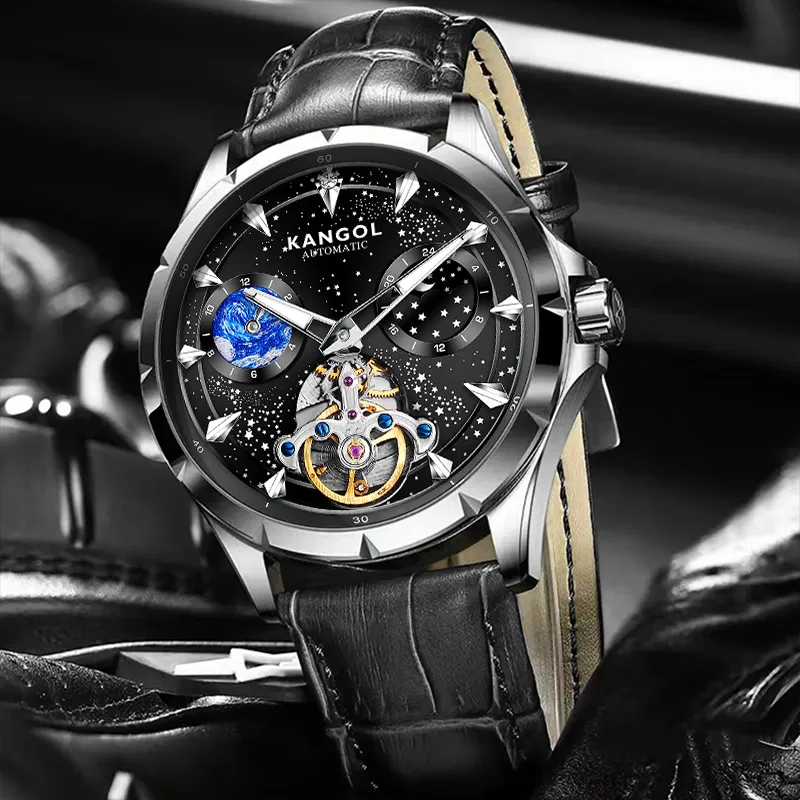 KANGOL Automatic Mechanical Movement Genuine Leather Strap Watch Men's Watches Black Dial-1