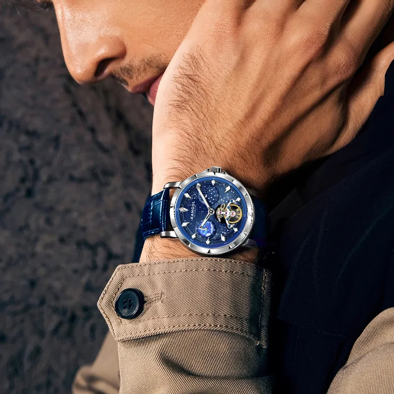 KANGOL Sea Of Stars Automatic Mechanical Movement Genuine Leather Strap Watch Men's Watches Cut Out Dial-12