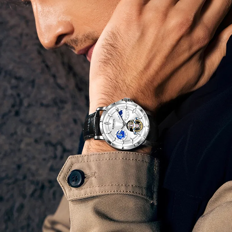 KANGOL Sea Of Stars Automatic Mechanical Movement Genuine Leather Strap Watch Men's Watches Cut Out Dial-19