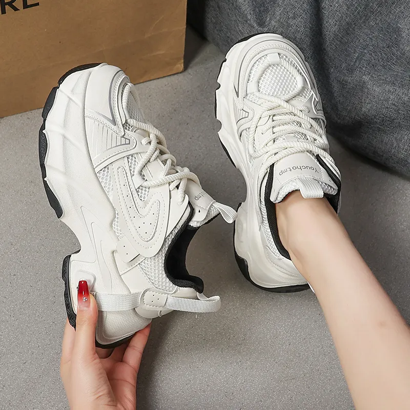 EEueeczs Athletic Shoes Anti Slip And Wear Resistant Breathable Low Top Chunky Sneakers Women's Beige-3