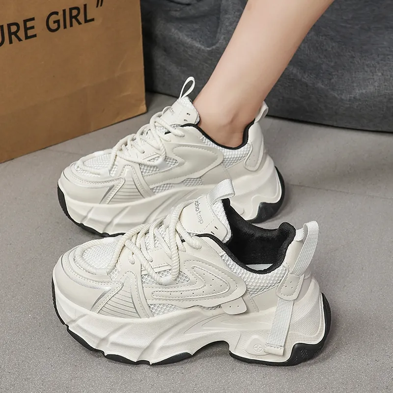 EEueeczs Athletic Shoes Anti Slip And Wear Resistant Breathable Low Top Chunky Sneakers Women's Beige-5