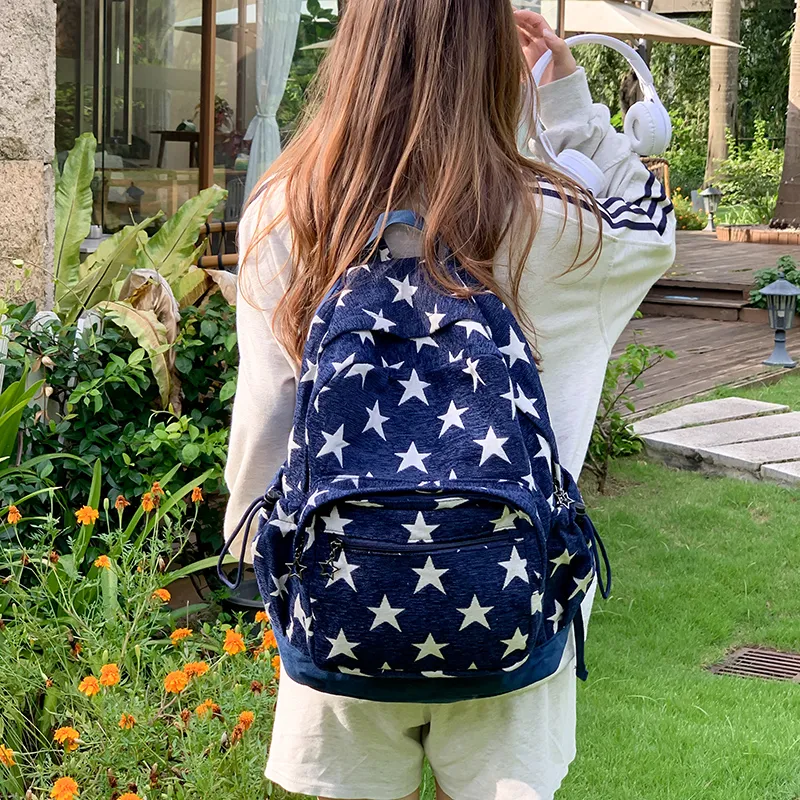 KAMLUI Polyester Backpack Unisex Star Red/Star Blue/Stripes Gray-9