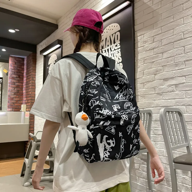 KAMLUI Nylon Fabric Backpack For High School And College Students Regular Unisex Pink Heart/White English/Black English-4