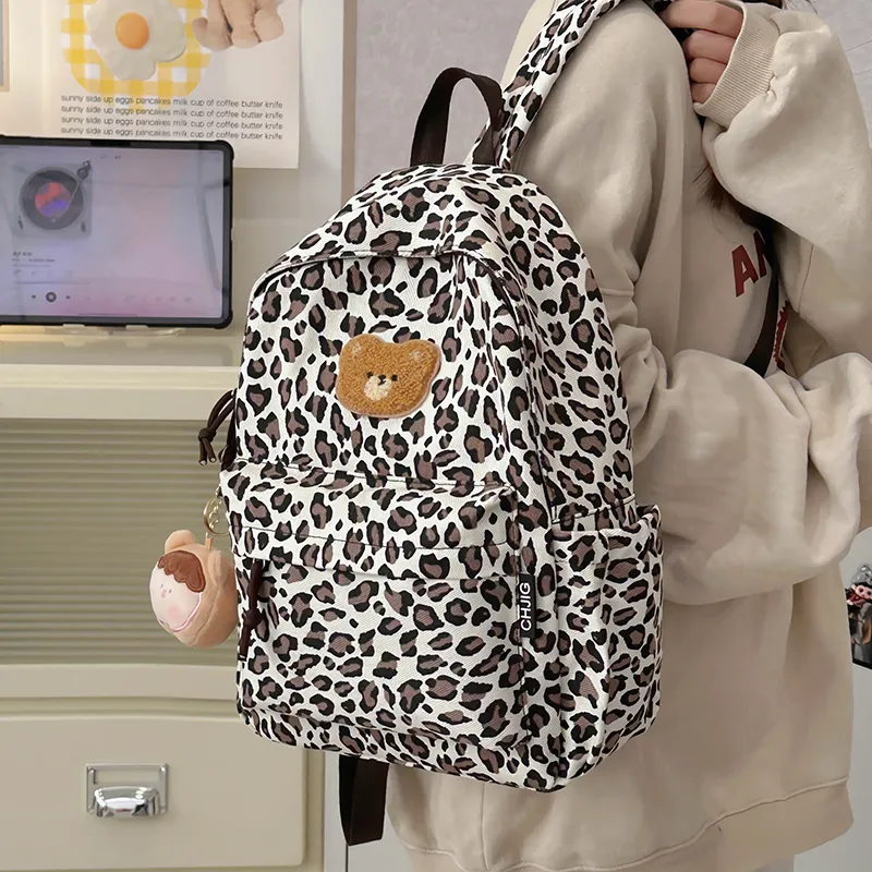 KAMLUI Nylon Backpack Regular Unisex Coffee Leopard Print/White Leopard Print-8