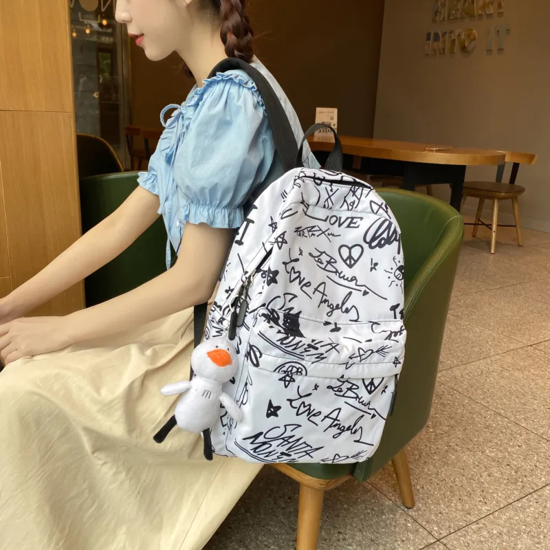 KAMLUI Nylon Fabric Backpack For High School And College Students Regular Unisex Pink Heart/White English/Black English-2