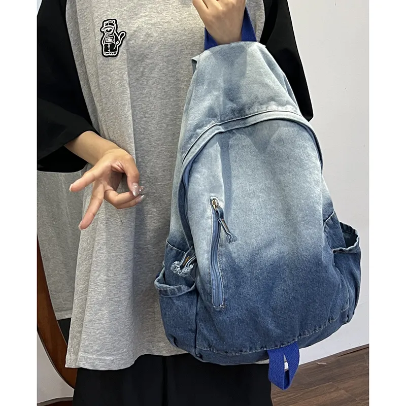 KAMLUI Denim Backpack Backpack Student Backpack Regular Unisex Black/Blue-16