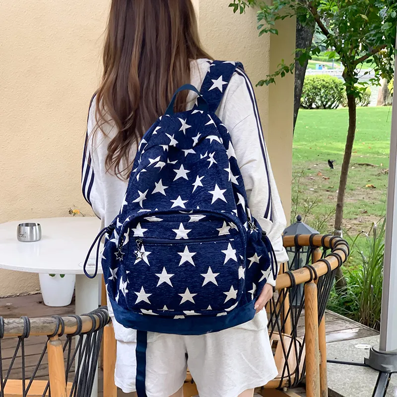 KAMLUI Polyester Backpack Unisex Star Red/Star Blue/Stripes Gray-13