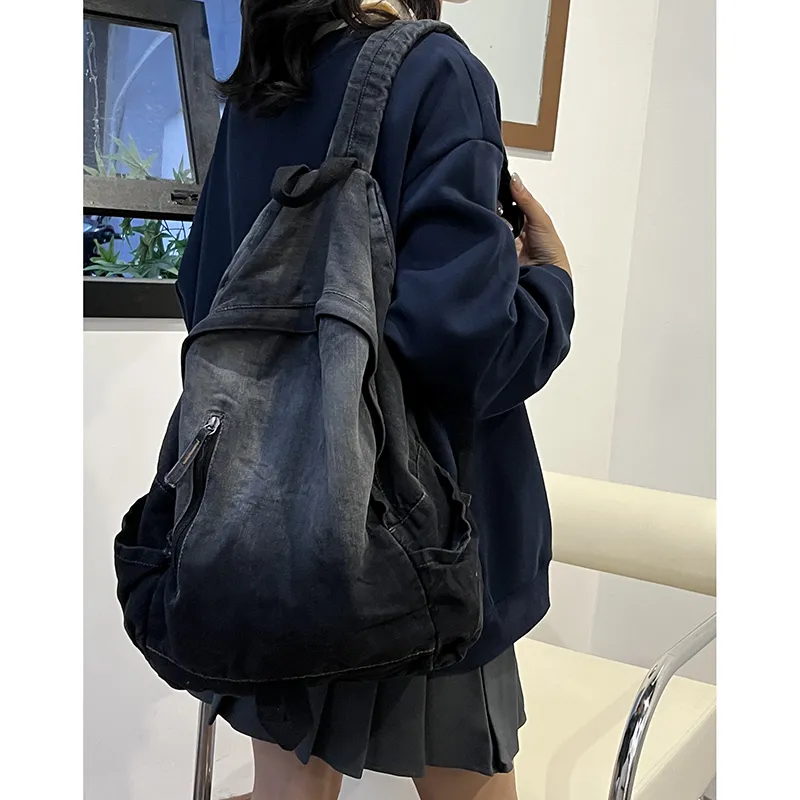 KAMLUI Denim Backpack Backpack Student Backpack Regular Unisex Black/Blue-4