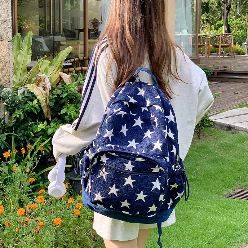 KAMLUI Polyester Backpack Unisex Star Red/Star Blue/Stripes Gray-12